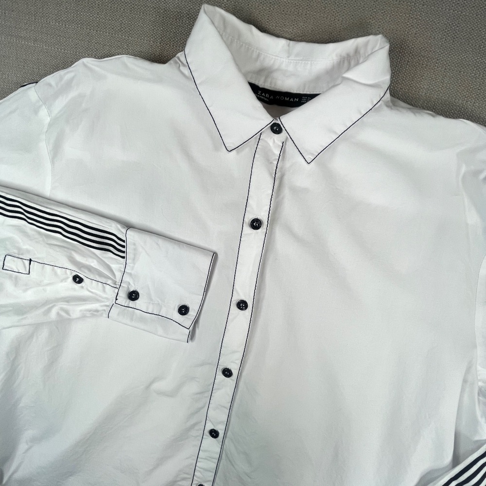 Zara Woman Button Down Shirt Womens XL White Black Stripe Contrast Long Sleeve